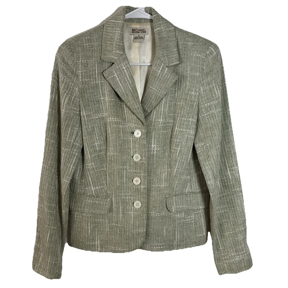 Michael Kors Womens Linen Blend Blazer Jacket Size 8 Light Green Textured Summer